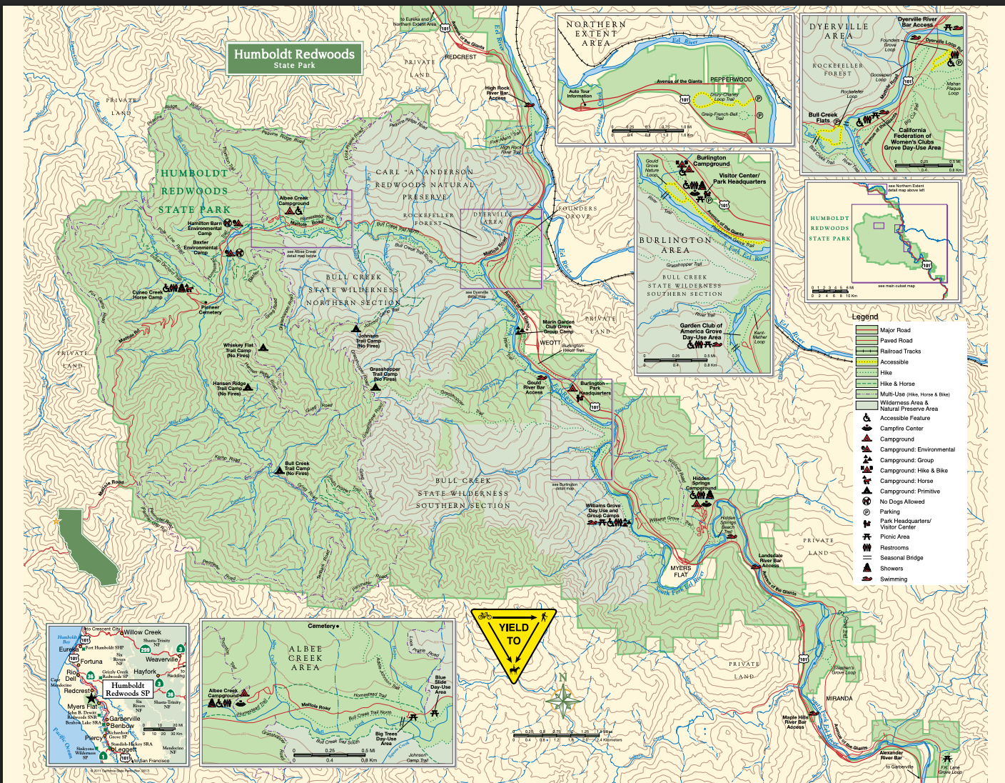 Illustrated map of Humboldt Redwoods State Park and the Avenue of the Giants