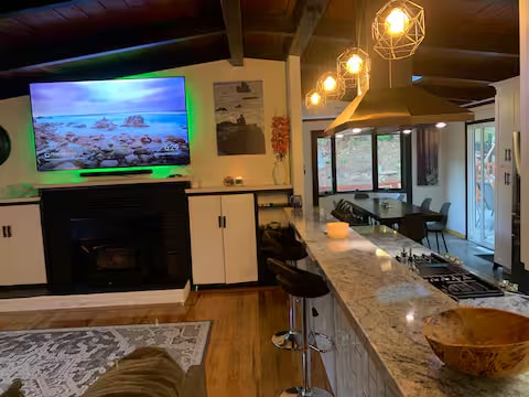 Redwood Retreat open-plan living room and kitchen