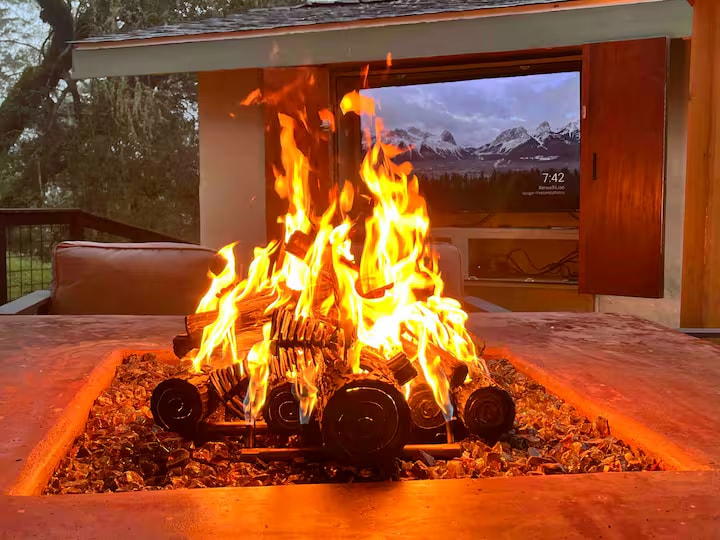 Tabletop fire pit on the Hobbit House outdoor patio