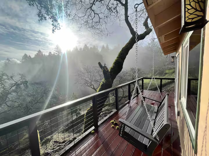Hobbit House deck swing overlooking a misty wooded hillside