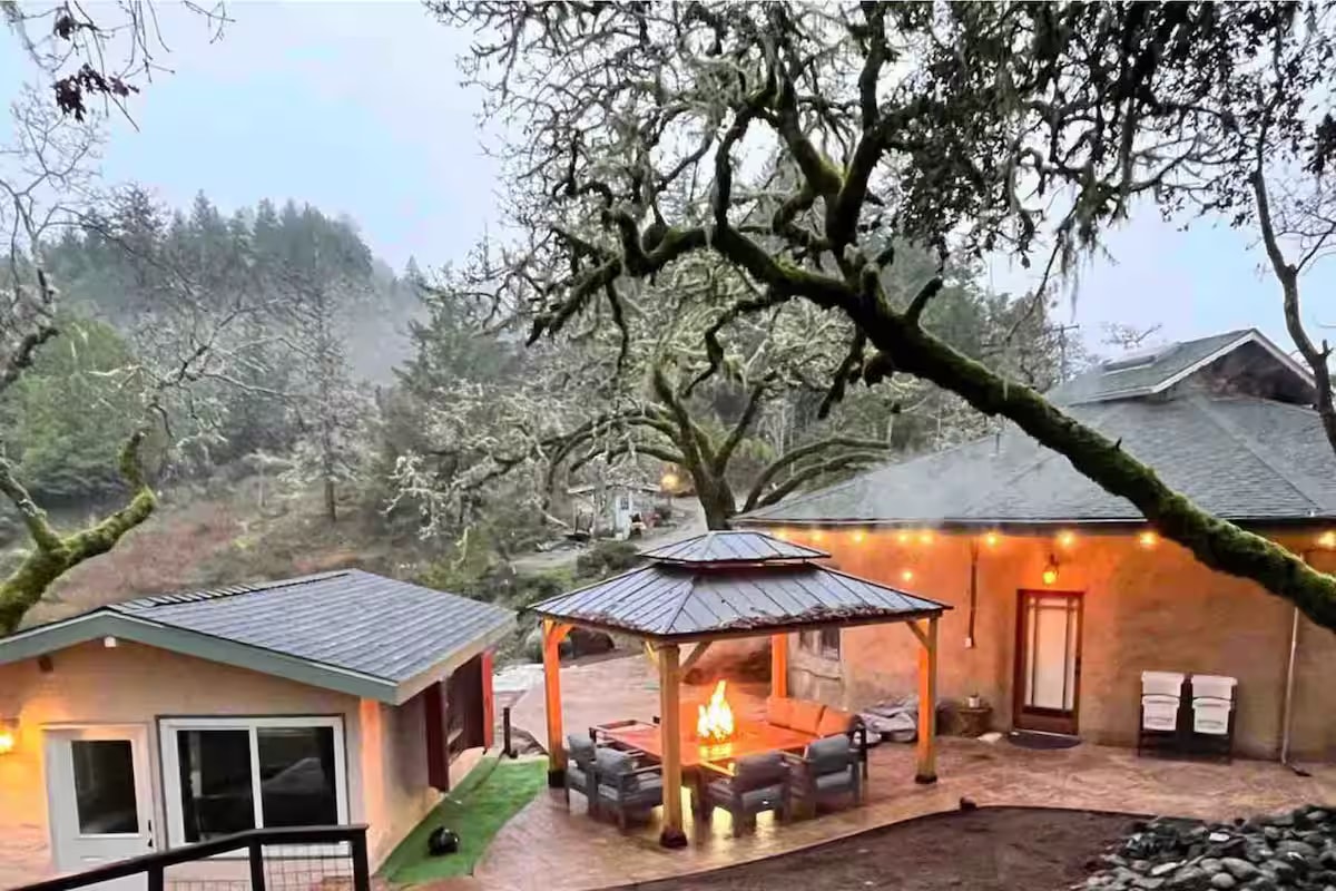 Hobbit House gazebo and fire pit in winter