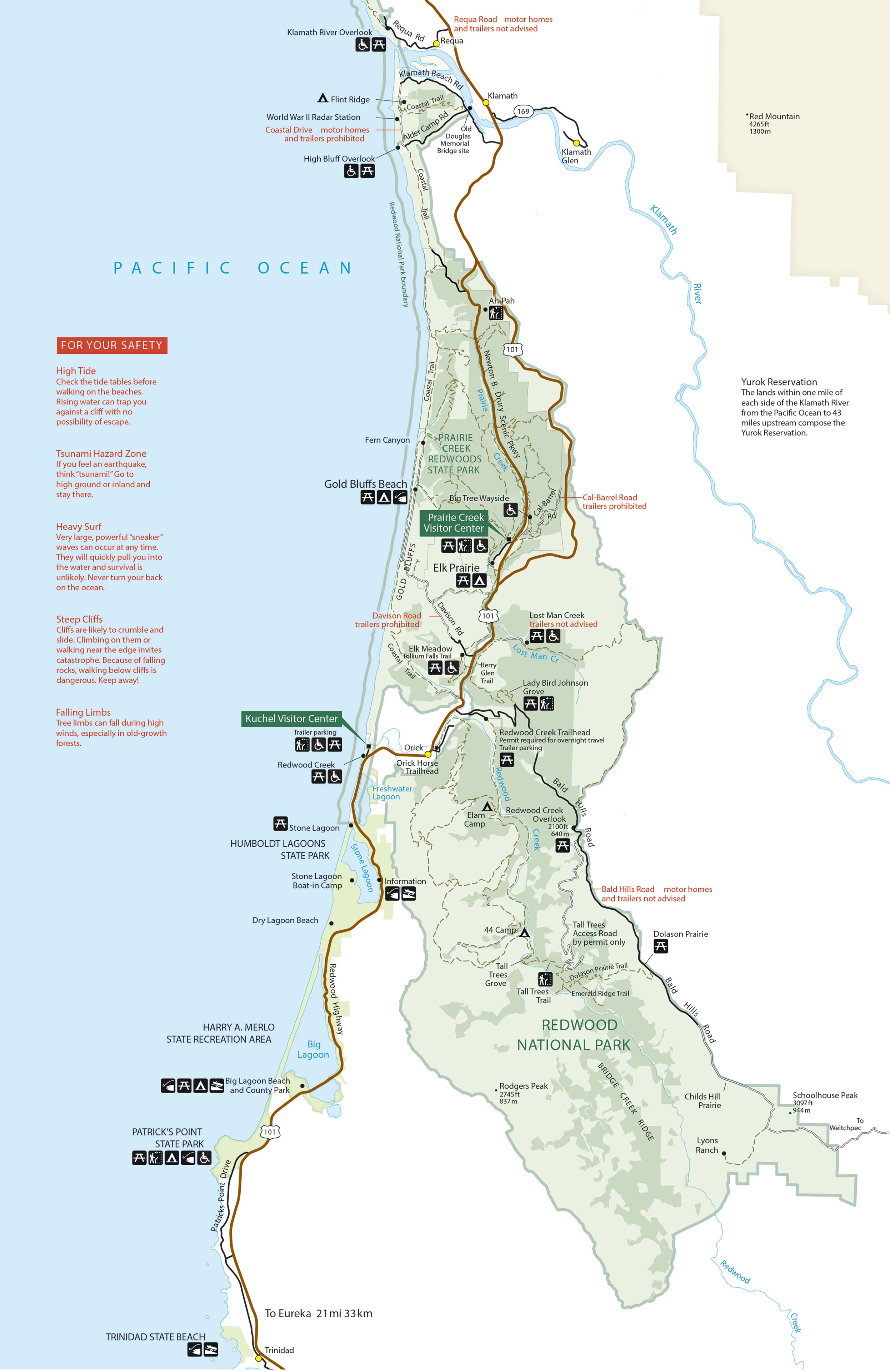 Official South District map of Redwood National and State Parks showing Redwood National Park, Prairie Creek Redwoods, Fern Canyon, Gold Bluffs Beach, trails, and roads